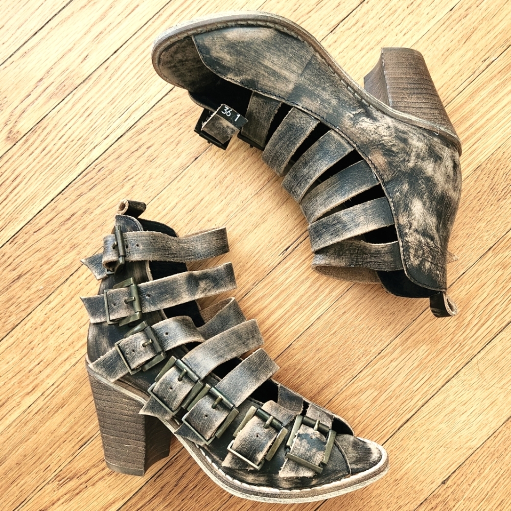 Free People Strappy Buckle Distressed Brown Leather Heeled Sandal Ankle Booties